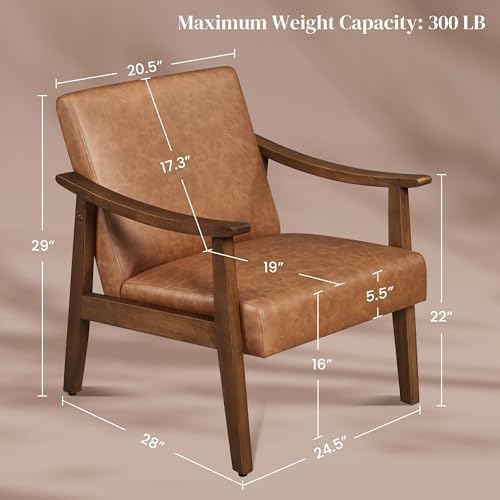 Yaheetech Faux Leather Accent Chair, Mid-Century Modern Armchair with Solid Wood Legs, Reading Leisure Chair with High Back for Living Room Bedroom Waiting Room, Set of 2, Brown