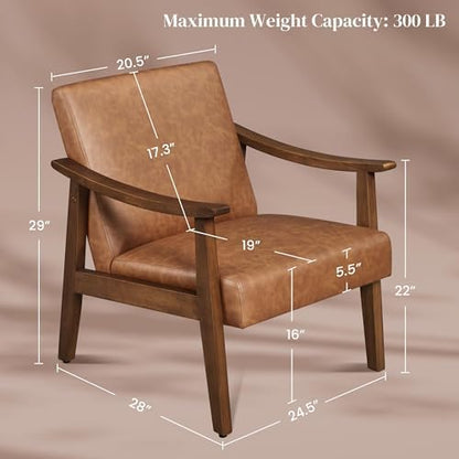 Yaheetech Faux Leather Accent Chair, Mid-Century Modern Armchair with Solid Wood Legs, Reading Leisure Chair with High Back for Living Room Bedroom Waiting Room, Set of 2, Brown
