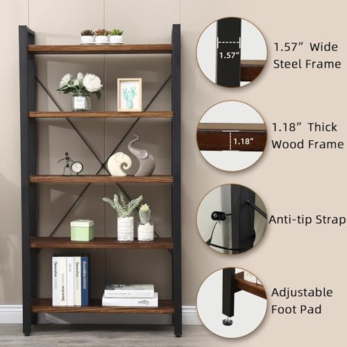 WH-AOERPUMY 5 Tier Bookcase, Solid Wood Bookshelf Rustic Vintage Industrial Etagere Bookcase, Metal and Wood Free Vintage Bookshelf, Retro Brown (5-Tiers)