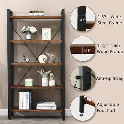 WH-AOERPUMY 5 Tier Bookcase, Solid Wood Bookshelf Rustic Vintage Industrial Etagere Bookcase, Metal and Wood Free Vintage Bookshelf, Retro Brown (5-Tiers)