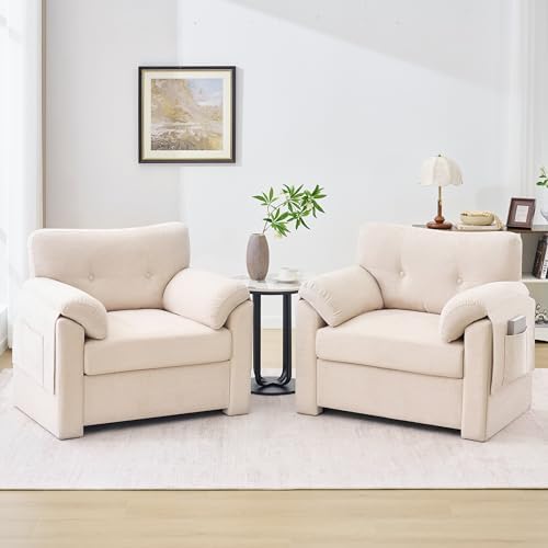 Howjoe Chenille Oversized Armchair, 38.6" Wide Accent Chairs for Living Room & Bedroom Modern Lounge Chair, Upholstered Mid-Century Reading Chair, Comfy Living Room Chair, Single Sofa Chair, Beige — Lvory / 1 Pack (2)