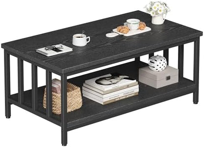 Homeiju Coffee Table for Living Room with Slatted Sides Frame, Modern Farmhouse Living Room Table with 2-Tier Storage Shelf for Home Office, Apartment, Grey Wash, 39 inch — 39.4L*21.6W*18.1H / Black (2)