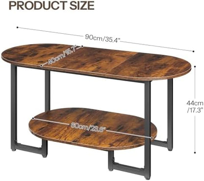 HOOBRO Coffee Table for Living Room, Oval Small Coffee Table with 2-Tier Open Storage Shelf, Industrial Cocktail Tea Table, Wooden Desktop Center Table, Farmhouse, Home Office, Rustic Brown BF09KF01
