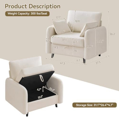 41" Oversized Accent Chair with Storage, Single Sofa for Living Room Beige | Modern Accent Chairs with Storage, Deep Seat Armchair Upholstered Comfy Reading Chair for Living Room, Bedroom, Chenille