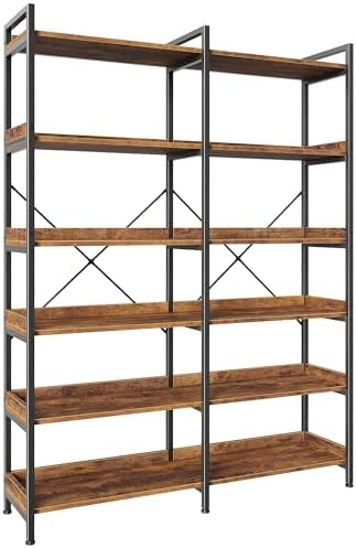 Huuger 5 Tier Bookshelf, Display Bookshelf with 10 Open Shelves and Raised Baffle, 47.2 Inch Straight Wide Bookcase with Metal Frame and Wooden Board, Adjustable Feet, Rustic Brown — 5 Tier / Rustic Brown (10)
