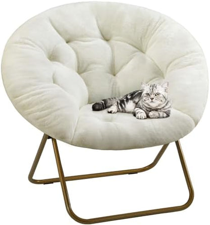 DUMOS Comfy Saucer Chair, Faux Fur Lounge Seasting XL Circle Chair for Bedroom, Dorm & Gaming, Foldable Fashion Accent Seat for Small Spaces, Folding Moon/Mushroom/Round Oversized Style,White — White-faux Fur / Round-36 Inches (10)