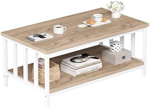Homeiju Coffee Table for Living Room with Slatted Sides Frame, Modern Farmhouse Living Room Table with 2-Tier Storage Shelf for Home Office, Apartment, Grey Wash, 39 inch — 39.4L*21.6W*18.1H / Light Coffee (2)