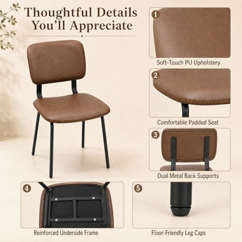 Brown Dining Chairs Set of 2, Faux Leather Upholstered Kitchen & Dining Room Chairs with Back, Modern Armless Side Chairs with Black Metal Legs for Dining Room, Kitchen, Vanity, Guest Room