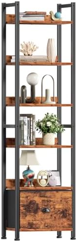 Furologee 5 Tier Bookshelf with Drawer, Tall Narrow Bookcase with Shelves, Wood and Metal Bookshelves Storage Organizer, Industrial Display Standing Shelf Unit for Bedroom, Living Room, Rustic Brown