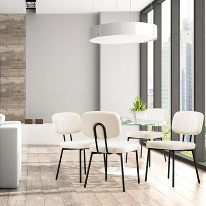 Sweetcrispy Dining Chairs Set of 2, Upholstered Mid Century Modern Kitchen Accent Chairs with Faux Leather Cushion Seat & Metal Legs for Home Office, Living Room-Beige White