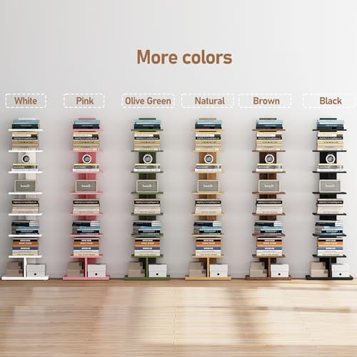 TUTOTAK Book Shelf, Narrow Spine Bookshelf, 8-Tier Bookcase for Small Space | 10.4 x 13.4 x 47.5 Inches Vertical Freestanding Corner Shelf for Living Room, Office, Study, Entryway, Brown BS06BB008