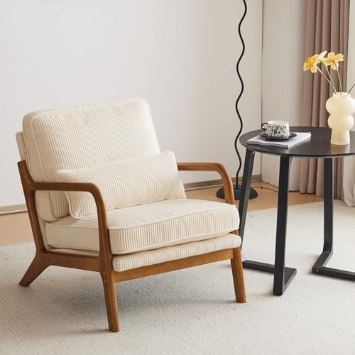 Karl home Mid-Century Modern Accent Reading Chair, Beige | Linen Upholstered, Solid Wood Frame, Soft Cushion, Lumbar Pillow, Lounge Armchair for Living Room, Bedroom, Balcony, Study — Corduroy Beige (2)