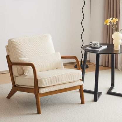Karl home Mid-Century Modern Accent Reading Chair, Beige | Linen Upholstered, Solid Wood Frame, Soft Cushion, Lumbar Pillow, Lounge Armchair for Living Room, Bedroom, Balcony, Study — Corduroy Beige (2)