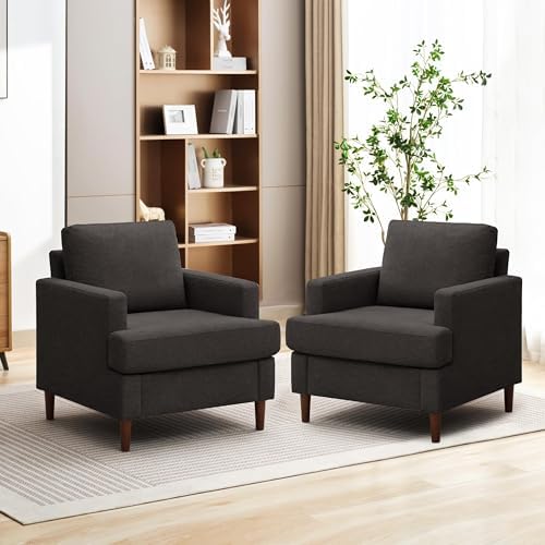 Weture Mid-Century Accent Chair,Modern Linen Fabric Armchair for Living Room,Comfy Upholstered Reading Accent Chairs for Bedroom,Single Sofa Chair with Wood Legs (Beige, 1 Pack)