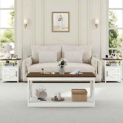 3 Pieces Farmhouse Coffee Table and End Table Sets with AC | 2 Side Tables with USB Ports for Living Room, Office, Apartment, White and Walnut