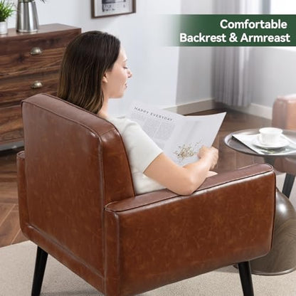 Vogue Furniture Direct Mid Century Accent Chair, PU Leather Modern Chair with Wooden Frame, Cozy Armchair Reading Chair with Comfy Back for Apartment, Living Room, Bedroom, Small Space, Corner, Brown
