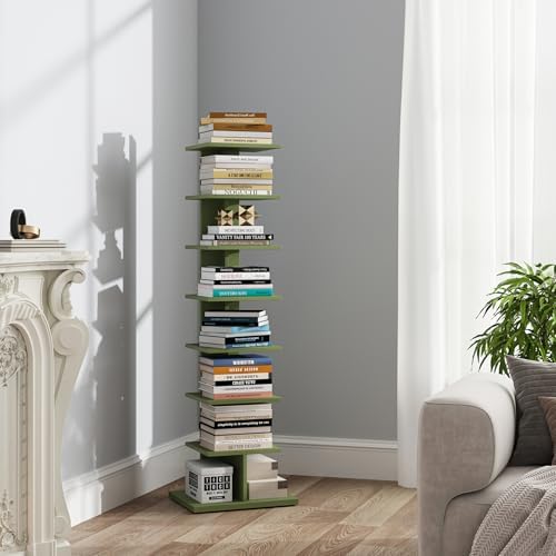 TUTOTAK Book Shelf, Narrow Spine Bookshelf, 8-Tier Bookcase for Small Space | 10.4 x 13.4 x 47.5 Inches Vertical Freestanding Corner Shelf for Living Room, Office, Study, Entryway, Brown BS06BB008