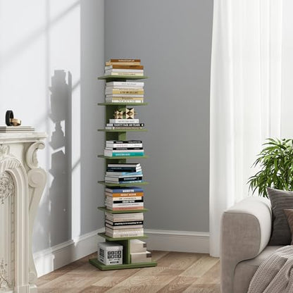 TUTOTAK Book Shelf, Narrow Spine Bookshelf, 8-Tier Bookcase for Small Space | 10.4 x 13.4 x 47.5 Inches Vertical Freestanding Corner Shelf for Living Room, Office, Study, Entryway, Brown BS06BB008