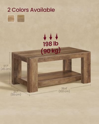 VASAGLE Coffee Table, 2-Tier Center Table with Rustic Charm and Clean Lines, Farmhouse Style, for Living Room, 21.7 x 39.4 x 17.7 in, Honey Brown, Koni Collection ULCT270K101