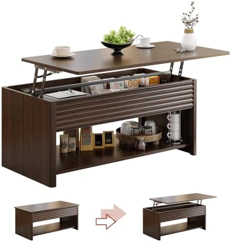 Fluted Lift Top Coffee Table with Hidden & Open Storage, Rectangle Modern Coffee Table for Living Room, Smooth Hydraulic Lift, Large Capacity, Safe Round Corners, Easy to Clean, Vertical Grain-Brown — Horizontal Grain-brown (2)