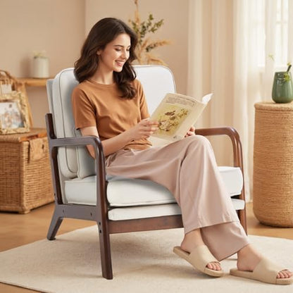 DUMOS Mid Century Modern Accent Chair, Armchair with Lumbar Pillow and Waist Cushion, Solid Wood Frame Lounge Chair for Living Room, Bedroom, Reading Nook, Small Apartment Corner, Ivory White