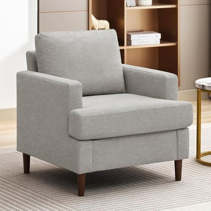 Weture Mid-Century Accent Chair,Modern Linen Fabric Armchair for Living Room,Comfy Upholstered Reading Accent Chairs for Bedroom,Single Sofa Chair with Wood Legs (Beige, 1 Pack)
