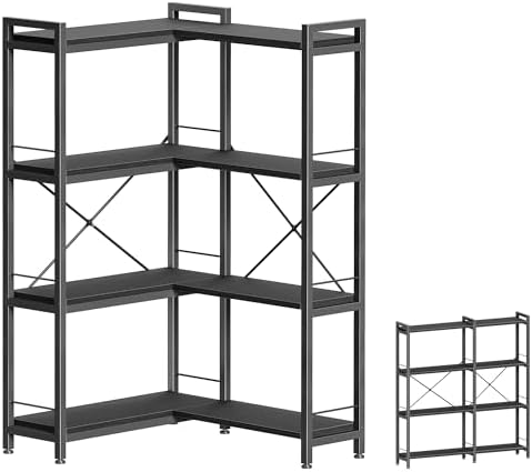 Huuger 5 Tier Bookshelf, L Shaped Corner Bookshelf with 10 Open Shelves, 49.4 Inch Straight Wide Bookcase with Metal Frame and Wooden Board, Adjustable Feet, Rustic Brown