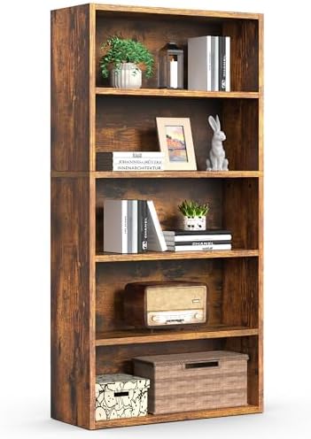 Sweetcrispy 5 Shelf Bookcase Open Display Bookshelf Storage Organizer | 53 Inches Tall Book Shelf Floor Standing Corner Unit, Living Room, Home Office, Kitchen, Bedroom, Rustic Brown Wood