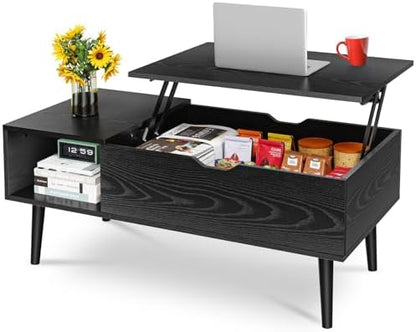 OLIXIS Wood Lift Top Coffee Table with Hidden Compartment and Large Storage Shelf, Lift Tabletop Dining Center Table for Home Living Room Office, Black