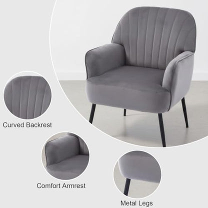 Velvet Accent Chair, Channel Tufted Shell Back Armchair, Ergonomic Upholstered Reading Chair with Wood Legs, Modern Single Sofa Chair for Living Room, Bedroom, Vanity (Gray)