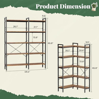 Huuger 5 Tier Bookshelf, L Shaped Corner Bookshelf with 10 Open Shelves, 49.4 Inch Straight Wide Bookcase with Metal Frame and Wooden Board, Adjustable Feet, Rustic Brown