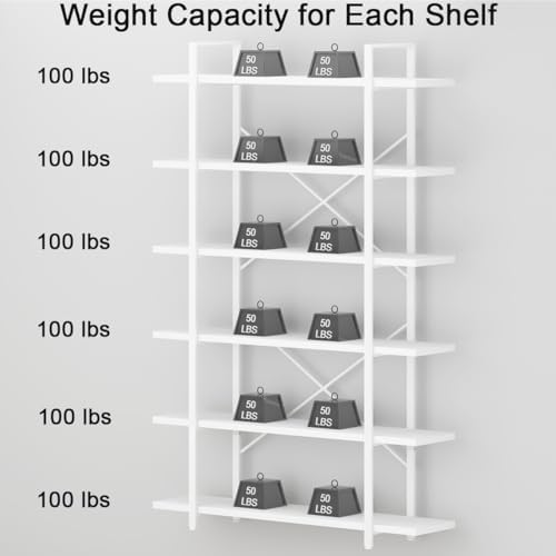 HSH White Bookshelf, 6 Tier Tall Bookcases for Bedroom Living Room Office | Industrial Modern Vertical Metal and Wood Bookcases, Farmhouse 6 Shelf Open Large Storage Book Shelves Display Book Shelf
