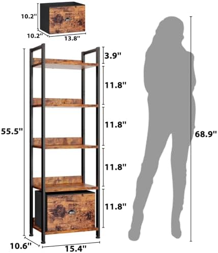Furologee 5 Tier Bookshelf with Drawer, Tall Narrow Bookcase with Shelves, Wood and Metal Bookshelves Storage Organizer, Industrial Display Standing Shelf Unit for Bedroom, Living Room, Rustic Brown
