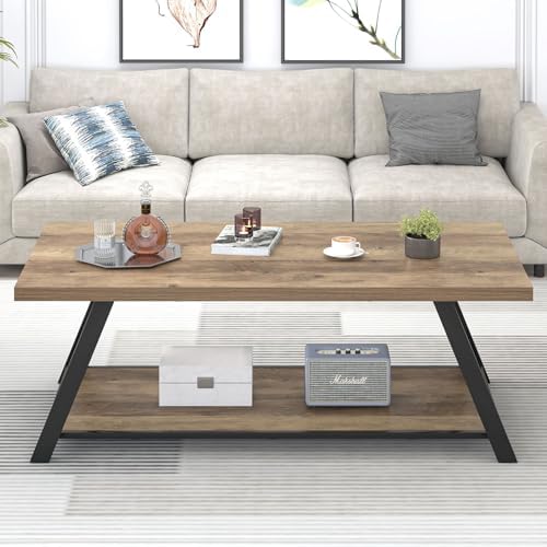 EXCEFUR Modern Coffee Table, Rectangle Center Table for Living Room with Storage Shelf, Industrial Wood and Metal Cocktail Tea Table, Rustic Oak, 47 Inch