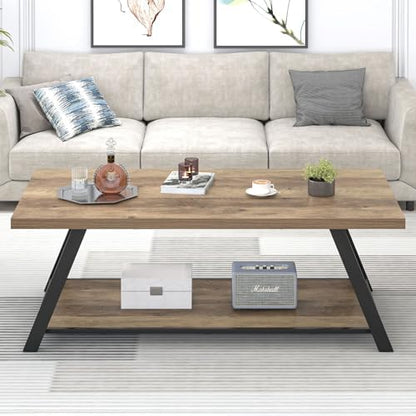 EXCEFUR Modern Coffee Table, Rectangle Center Table for Living Room with Storage Shelf, Industrial Wood and Metal Cocktail Tea Table, Rustic Oak, 47 Inch