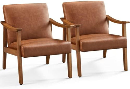 Yaheetech Faux Leather Accent Chair, Mid-Century Modern Armchair with Solid Wood Legs, Reading Leisure Chair with High Back for Living Room Bedroom Waiting Room, Set of 2, Brown — Light Brown / Faux Leather (2)