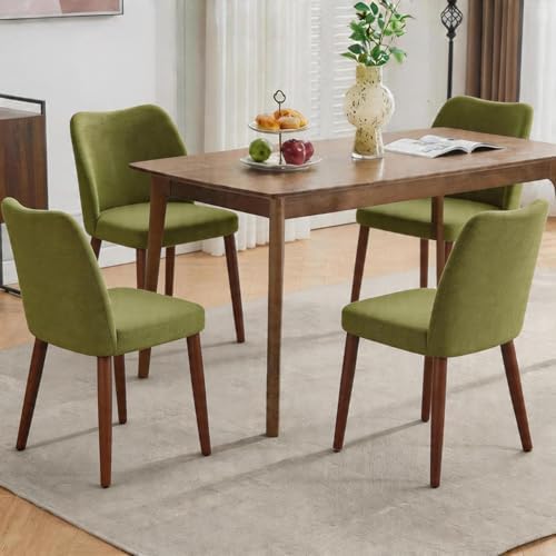 GarveeHome Wooden Dining Chair Set of 4 Upholstered Fabric Dining Chair | Modern Kitchen Chairs with Curved Backrest Leveling Feet for Dining Room, Living Room, , No tool assembly, No Wobble, White — Green (2)