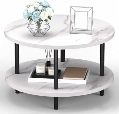 FAMIDGE Coffee Table, 23.6" Coffee Tables for Living Room, Round Coffee Table with Metal Frame, Floor Table for Sitting on The Floor, Home, Office, Black — Style2 White(23.6dx18.1h) / 2 Tier (2)