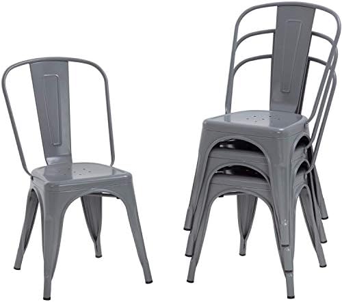 FDW | Metal Dining Chairs | Set of 4 | Black | Stackable Tolix Side Chairs with Backrest | Scratch-Resistant | Non-Slip Feet | Indoor/Outdoor Use | 330 lbs Capacity | for Kitchen & Restaurant — Grey / Steel Seat (2)