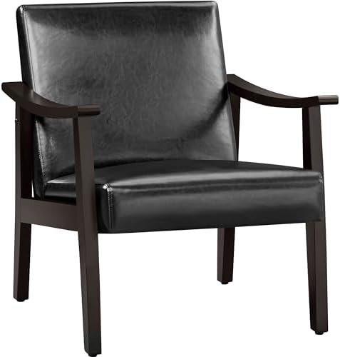 Yaheetech Corduroy Accent Chair, Mid-Century Modern Armchair with Solid Wood Legs, Reading Leisure Chair with High Back for Living Room Bedroom Waiting Room Dark Green — Black / Faux Leather (2)