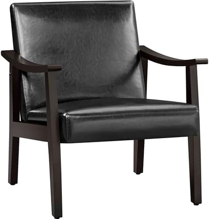 Yaheetech Corduroy Accent Chair, Mid-Century Modern Armchair with Solid Wood Legs, Reading Leisure Chair with High Back for Living Room Bedroom Waiting Room Dark Green — Black / Faux Leather (2)