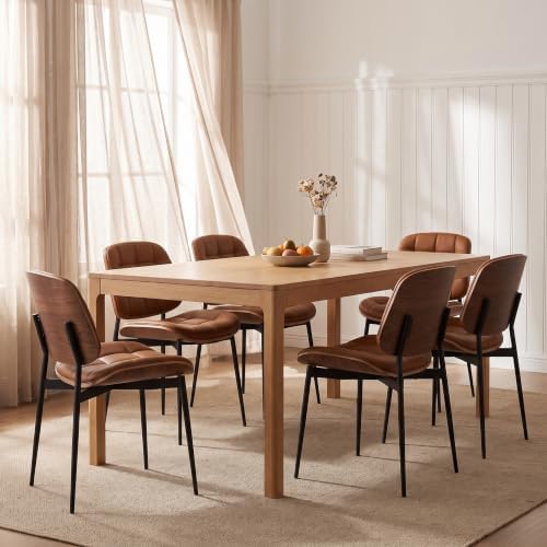 GrandNoor Mid Century Modern Dining Chairs with Walnut Grain Back, Brown Faux Leather Dining Room Chairs Set of 2, Checkered Soft Cushion Kitchen Chairs with Adjustable Foot Pads