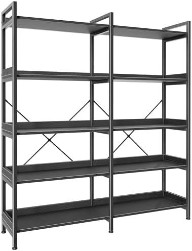 Huuger 5 Tier Bookshelf, Display Bookshelf with 10 Open Shelves and Raised Baffle, 47.2 Inch Straight Wide Bookcase with Metal Frame and Wooden Board, Adjustable Feet, Rustic Brown