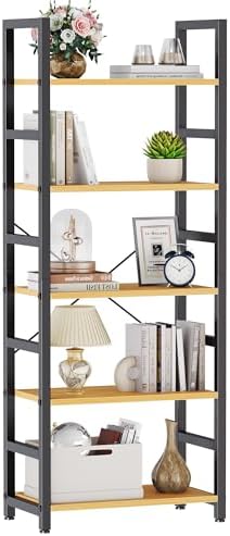 DUMOS 5 Tiers Open Bookshelf, Classic Freestanding Tall Display Shelf | Multifunctional Storage Organizer Rack for Living Room Home Office, Sturdy Bookcase for CDs/Books/Movies, Modern Black — Natural Wood / 4 Tier (2)