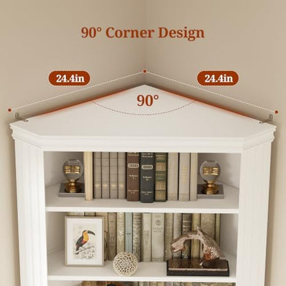 UPOSOJA 83” Tall Corner Bookshelf with Storage Cabinet, L-Shaped 5 Tier Bookcase Open Racks, Classical Style Bookshelves Adjustable Shelves, Home Office, Living Room & Kitchen