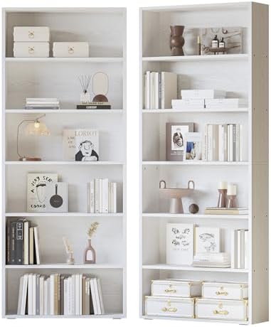 IRONCK Bookshelf and Bookcases 70" Tall, 6 Tiers Display Storage Shelves | Bookshelves Set of 2, Wood Bookcase with Open Display Shelves for Home Office, Living Room, Library, Industrial Brown — Industrial White (2)
