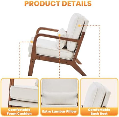 DUMOS Mid Century Modern Accent Chair, Armchair with Lumbar Pillow and Waist Cushion, Solid Wood Frame Lounge Chair for Living Room, Bedroom, Reading Nook, Small Apartment Corner, Ivory White