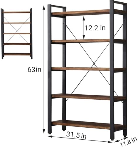 WH-AOERPUMY 5 Tier Bookcase, Solid Wood Bookshelf Rustic Vintage Industrial Etagere Bookcase, Metal and Wood Free Vintage Bookshelf, Retro Brown (5-Tiers)
