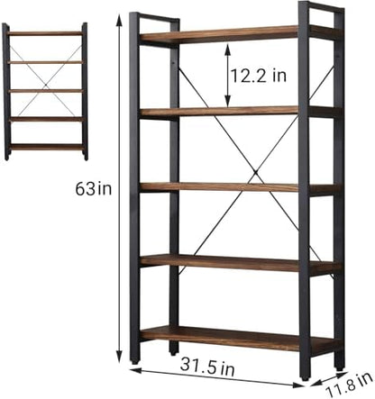 WH-AOERPUMY 5 Tier Bookcase, Solid Wood Bookshelf Rustic Vintage Industrial Etagere Bookcase, Metal and Wood Free Vintage Bookshelf, Retro Brown (5-Tiers)