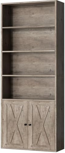 Shintenchi Bookshelf, Industrial Bookshelves and Bookcases with Doors Floor Standing 6 Shelf Display Storage Shelves 70.9 inches Tall Bookcase for Home Office, Living Room (Black) — Grey (2)